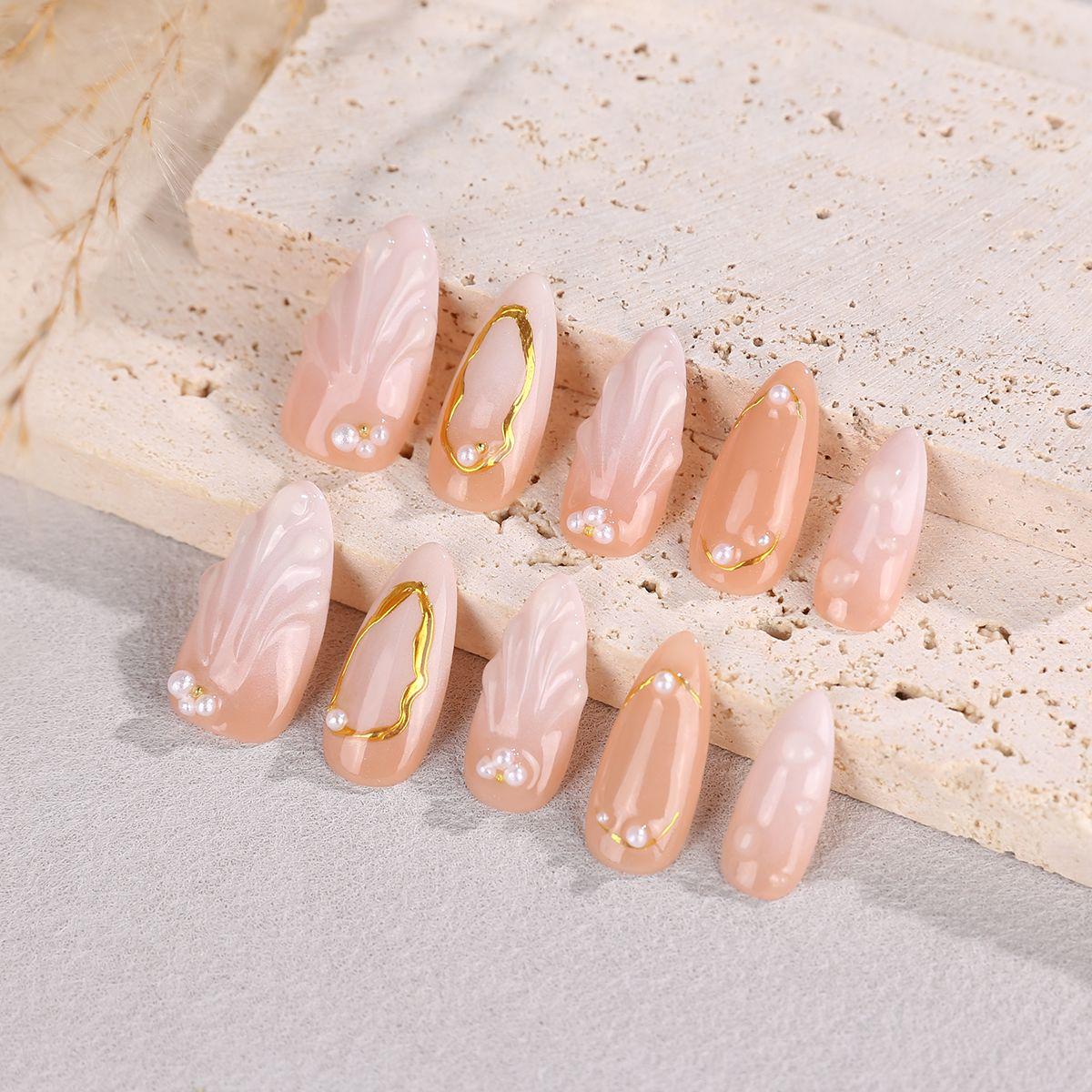 Gradient White 3D Striped Almond Nail Tips - European & American Style, Pure Handmade Wearable Nails. Extra Small