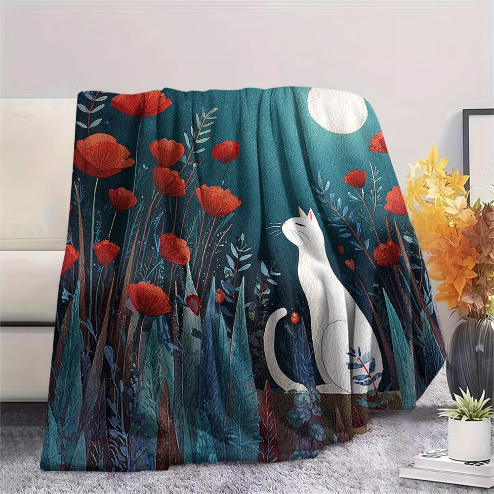 

White Cat Print Flannel Blanket, High quality Comfortable for All Seasons, Home Decor, Warmth and Comfort, Perfect for Christmas Gifts 80cm x 120cm