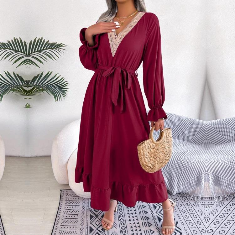 Women Summer Lace Up V Neck High Waist A Line Dress Solid Color Ruffle Edge Spring Fashion