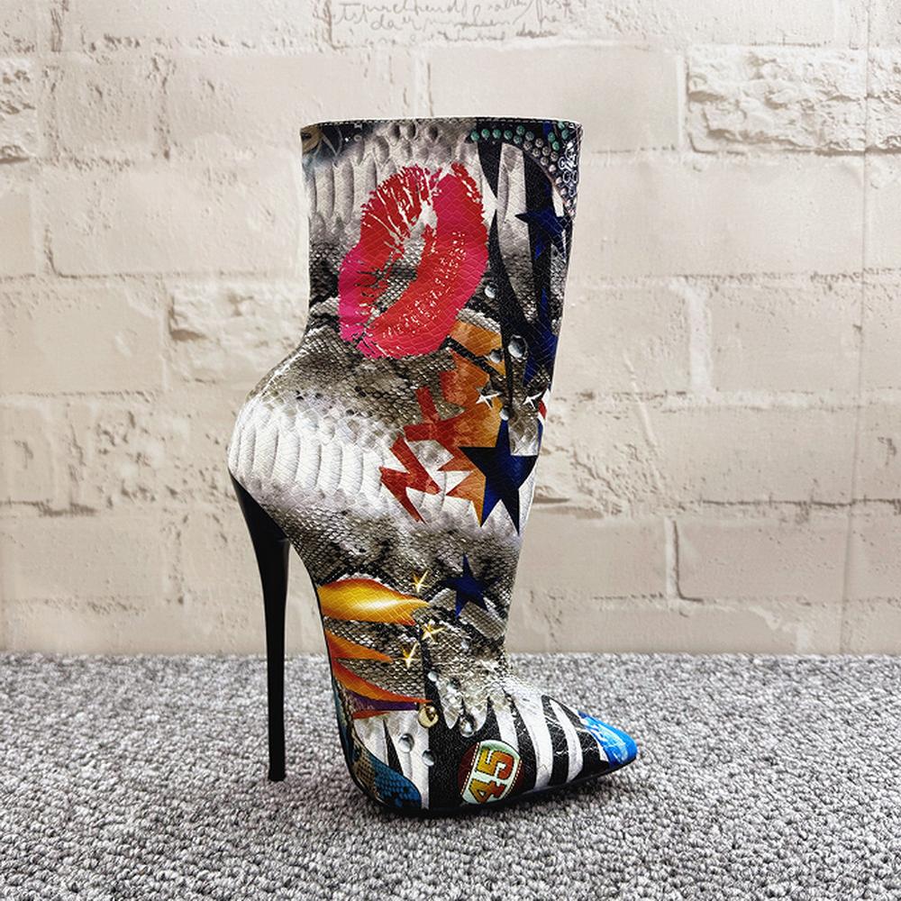 Fashion FHC 14cm High Heels Women Ankle Boots,Graffiti Lips Short Botas,Women Winter Pole Dancing Shoes,Side ZipPointed Toe,Dropship