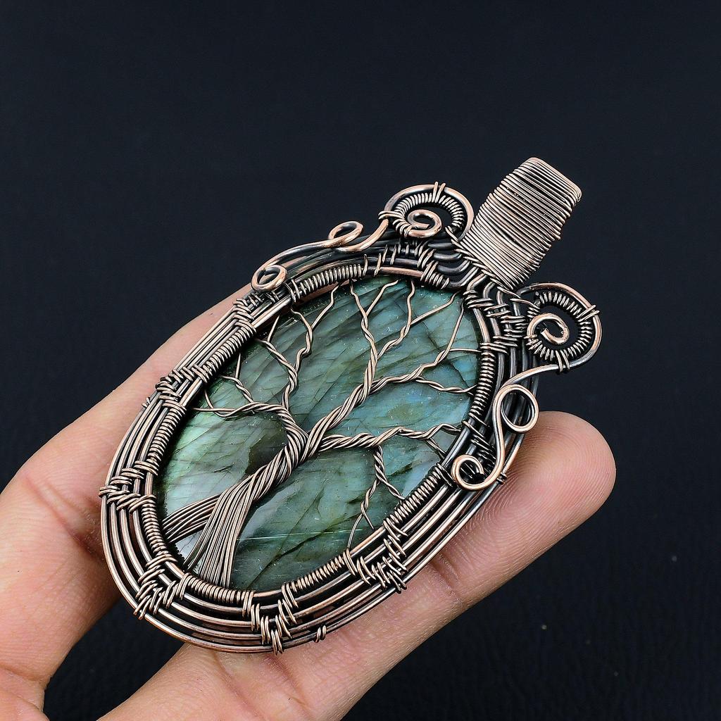 Tree Of Life Labradorite Pendant, Handmade Gemstone  999 Copper Wire Wrapped Pendant Antique Jewelry, For Gift Silver Jewelry