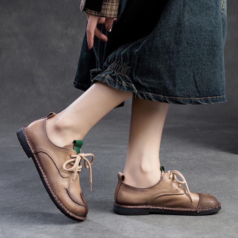 Johnature Damenschuhe aus echtem Leder mit weicher Sohle, Vintage-Stil, runde Spitze, Schnürung, vielseitige, bequeme, flache Schuhe