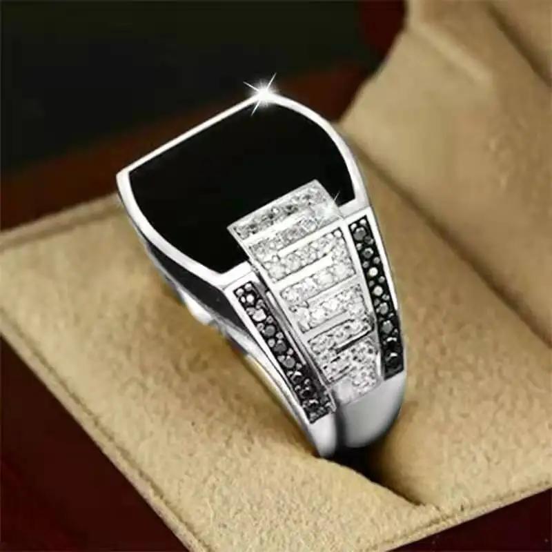 New Hot Sale Fashion Retro Ethnic Style Square Black Mirror Domineering Men's Ring Whole Sale Rings