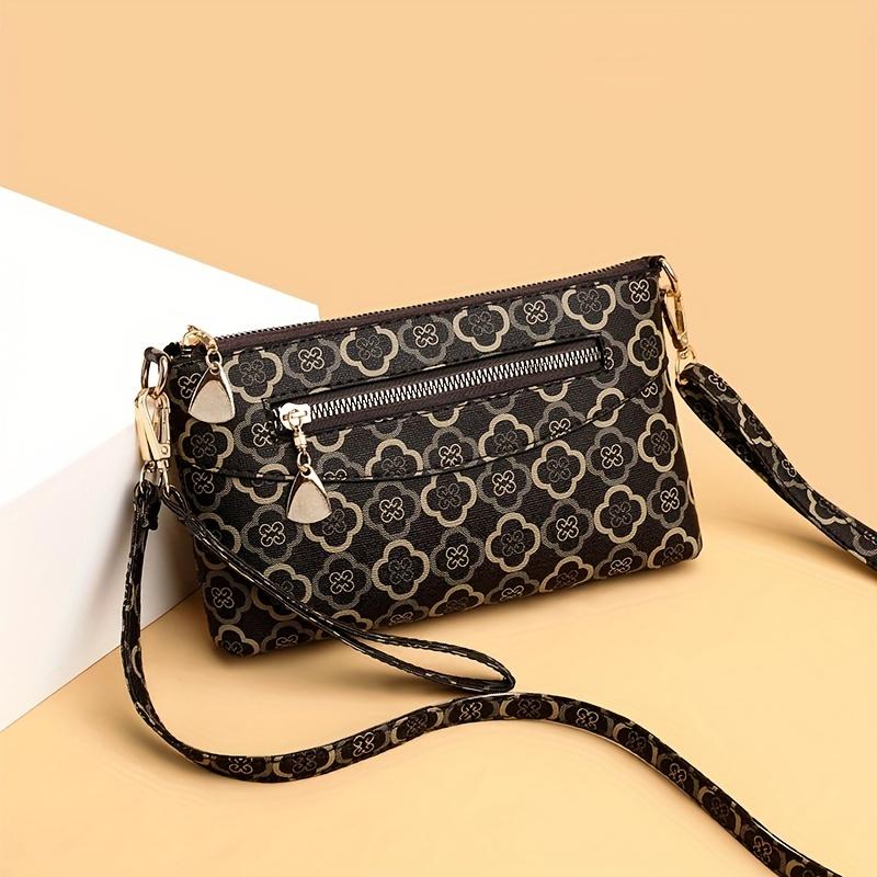 Flower Printed Crossbody Bag, Women's Multi Zipper Clutch Wallet, Fashion Shoulder Purses For Daily Use