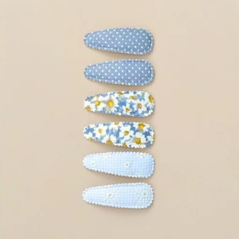 6 Pcs/Set Lovely 2inch Hair Clips Handmade Lace Embroidery Snap Clips Cotton Plaid Floral Print Hair Clamp Pins for Girl