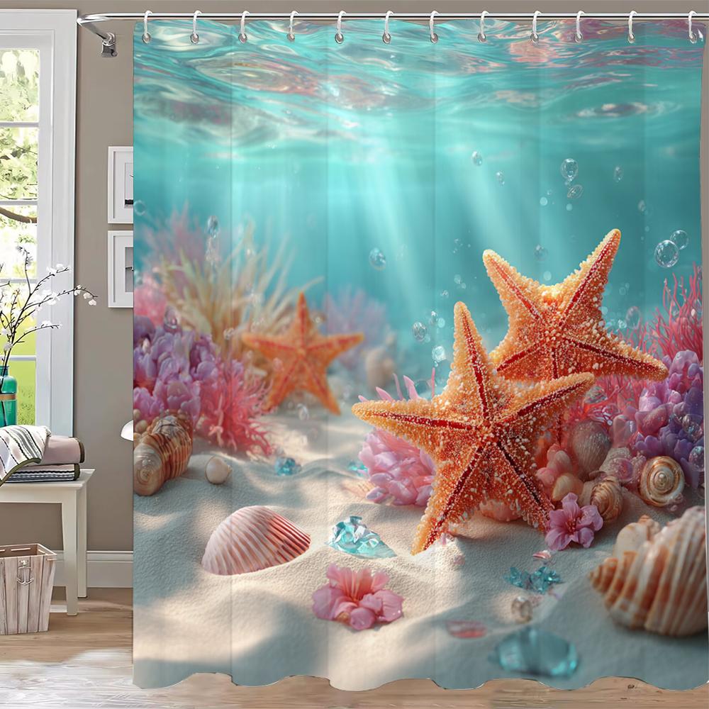 Sunshine Ocean Starfish Shell Printing Shower Curtain, Bathroom Decorative Shower Curtain, Waterproof Shower Curtain With Hooks
