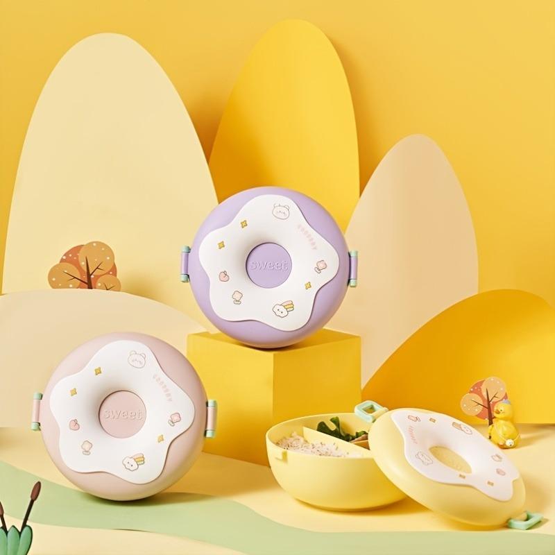 Cute donut-shaped partition PP lunch box, large capacity, microwave-safe portable bento box for students & office workers