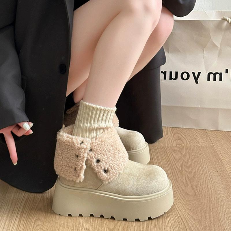 Koholversion lamullskrage två sätt att bära fluffiga snöbomullsstövlar tjock gummisula muffin små superhögklackade korta stövlar