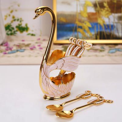 6Pcs/set Gold Silver Cutlery Set Dinnerware Silverware Flatware Set Swan Spoon Stand Holder Cake Dessert Snack Spoon Kitchen Set