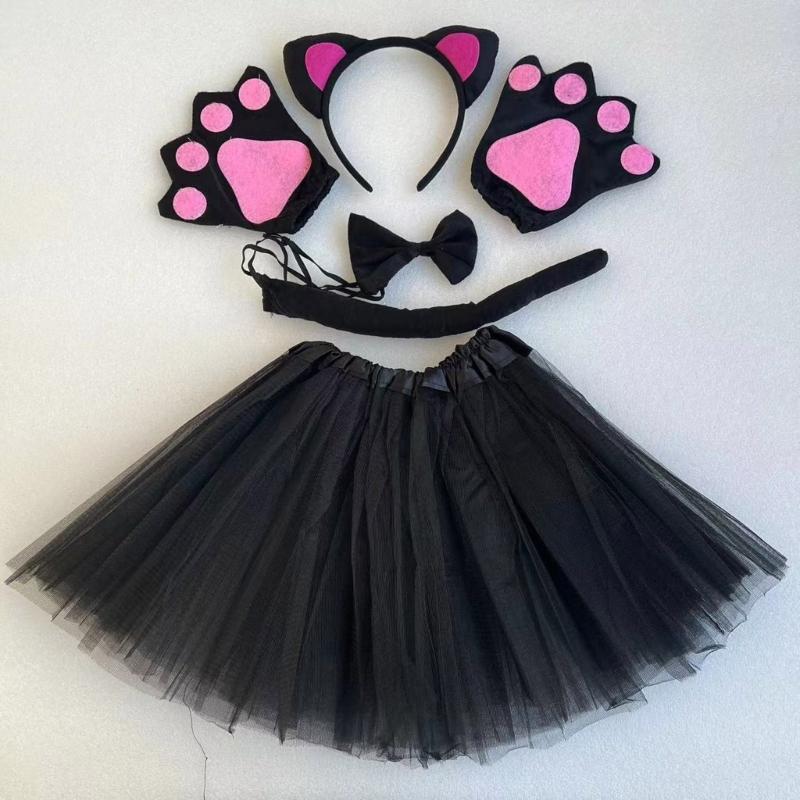 Cats Costume Set Includes Cats Tail Headband Bowtie Glove Skirt Halloween Catgirl Dress up Outfit for Kid Women Cosplay