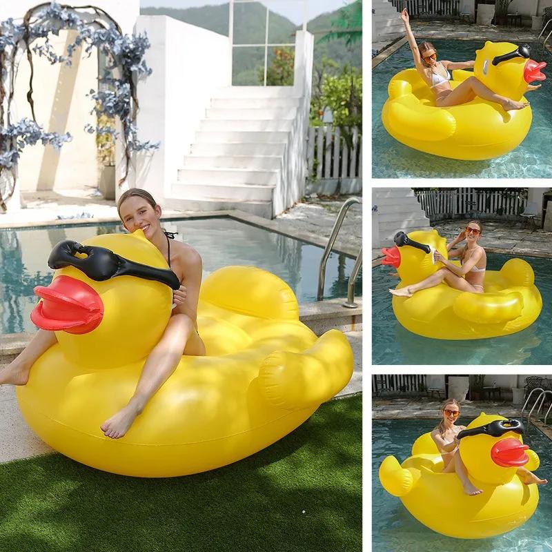 Summer Swimming Circle Inflatable Yellow Duck Mounts Glasses Duck Water Hanging Bed Outdoor Swimming Water Floating Bed Adult