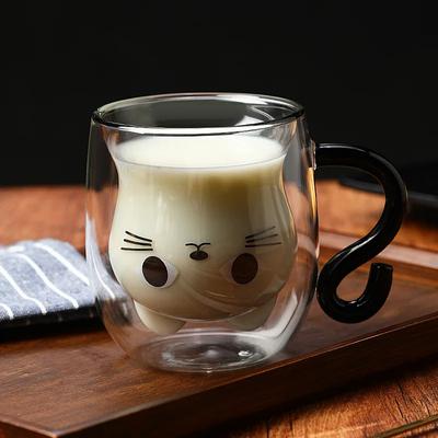 Tasses à café en verre isotherme avec double paroi et anse pour chat, idéales pour les amoureux des chats, les femmes et les mamans, 250-300 ml