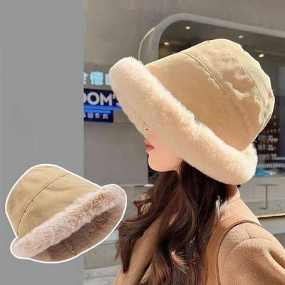 Autumn and Winter Women's Bucket Hat Thickened Wool Warm Hat Round Top Wide Brim Hat Pure Color Windproof Hat Clothes Accessories