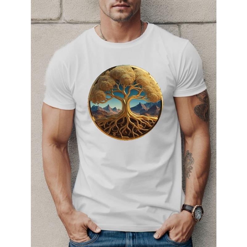 European Size Golden Tree Print T Shirt, Tees For Men, Casual Short Sleeve T-shirt For Summer