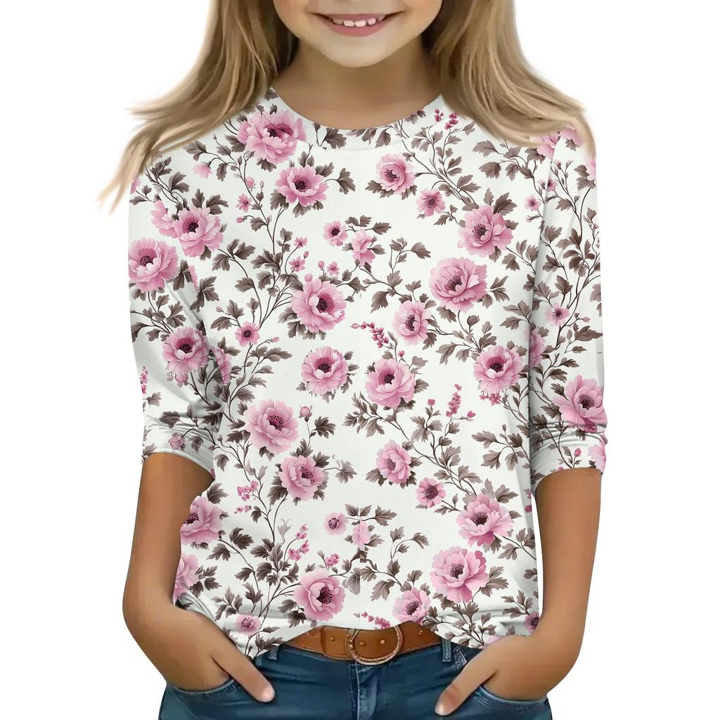Print Tops For Youth Girls 5-16 Years Round Neck 3/4 Sleeves T-Shirts Trendy Tops Outfit Tees