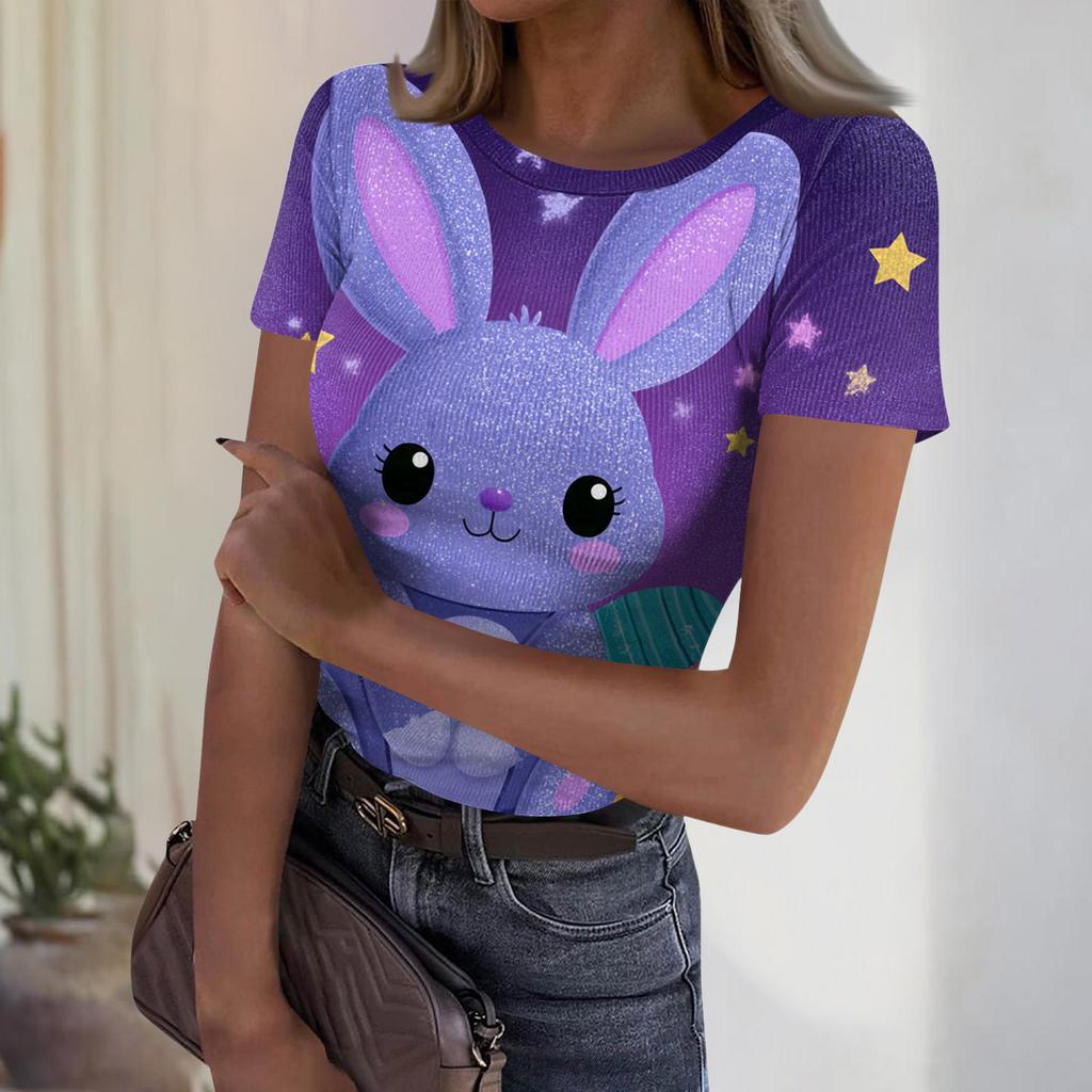 Women's Casual Fashion Round Neck Easter Print Short Sleeve Ribbed Top