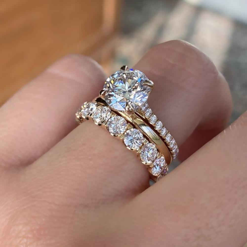 3pcs Set Luxury Temperament Five-claw Inlaid Crystal Zircon Ring for Women Bride Wedding Fashion Charm Jewelry Sets Accessories