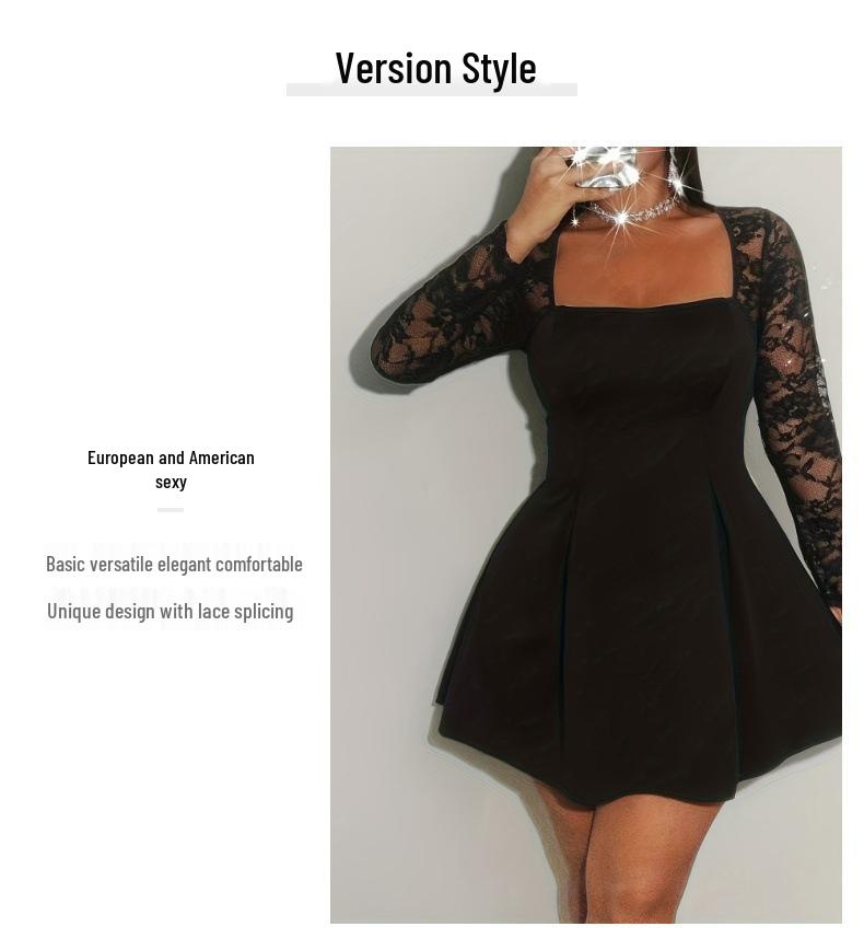 2025 Plus Size Sexy Lace Patchwork Long Sleeve Low-Cut Dress for Women