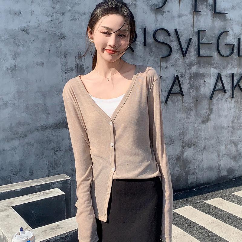 

Tencel Cardigan Korean V Neck Knit Top Solid Summer Air Conditioning Cover Long Sleeve Base Layer Women Slim Fit One Size хакі