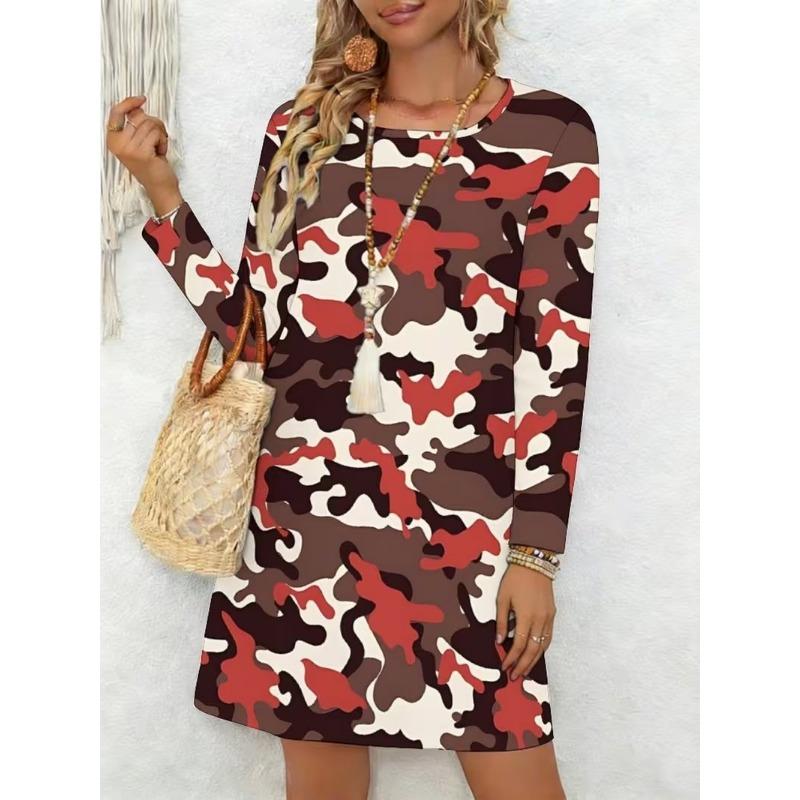 Ladies' Long Sleeved Round Neck Casual Mini Dress, 3D Retro Camouflage Printed Casual Vacation Dress