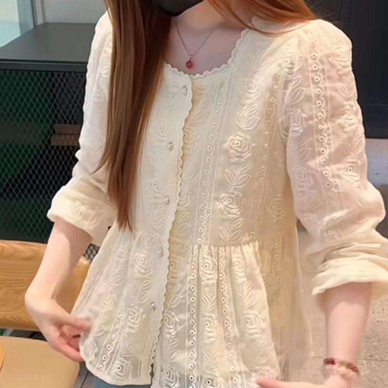 Spring 2025 Korean Style Lace Embroidered Square Neck Shirt - Versatile, Slimming, Long Sleeve Top