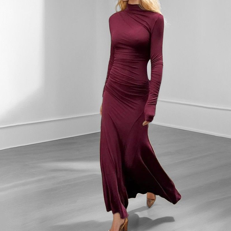 

Dress European and American Elegant Pure Color Elegant Half Turtleneck Ruched Silm Long Sleeve Narrow Patchwork Hem Dress Dress Dark red L