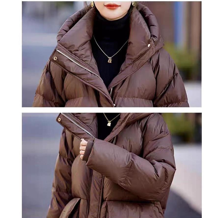 Mid To Long Down Jacket Knee Length Winter Item Thickened Warm Loose Versatile Jacket Women's Solid Color