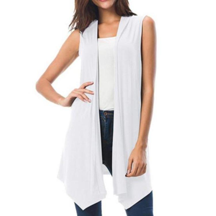 Sommer Damen Ärmellose Leichte Strickjacke Weste Einfarbig Offen Vorne Drapierter Mittellanger Asymmetrischer Saum Weste Mantel