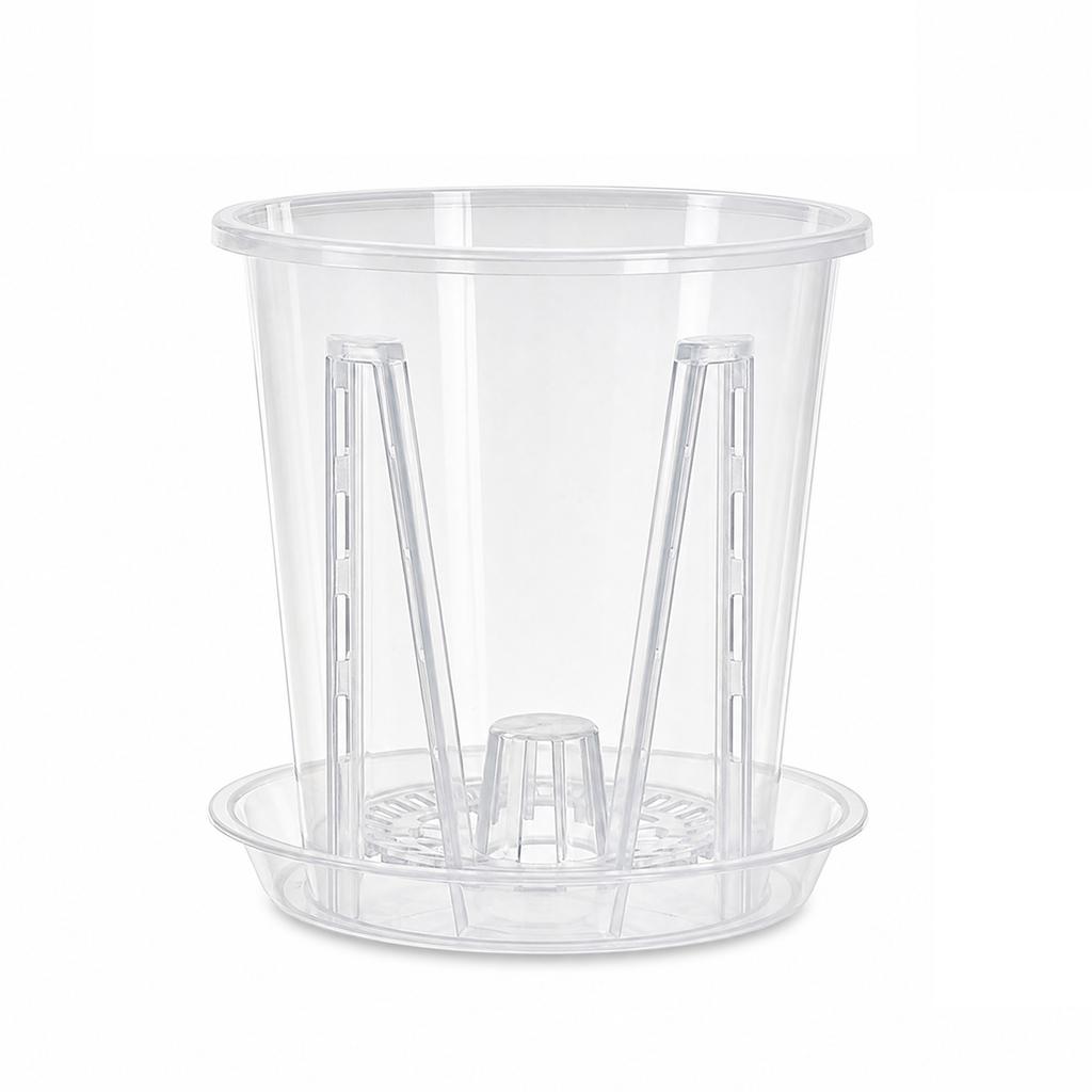 Transparent Plastic Orchid Pot with Drainage Hole and Tray 10cm Diameter Root Control Airflow Visible Root Growth Suitable for Moss Plants