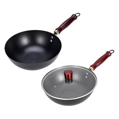Eisen Wok Geeignet für Alle Herde Topf Kochgeschirr Kochen Runder Boden mit Holzgriff Unbeschichtet Rostfrei Küche Antihaft