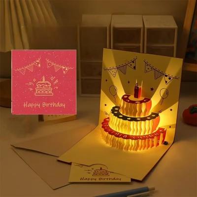 Hollow Carving 3D Cake Birthday Card Folding with Envelope Pop-Up Greeting Card Funny Unique Birthday Cake Postcards