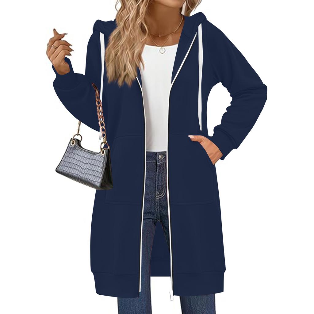 Damen Einfarbig Slim Fit Reißverschluss Rundhals Langarm Locker Kapuzenmantel Mittellang