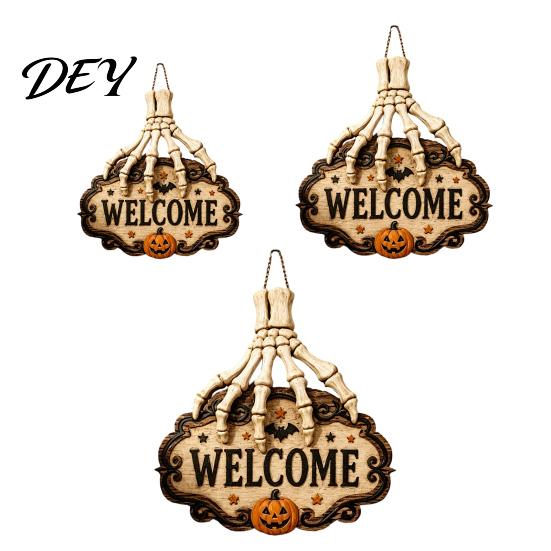 Horror Style Storefront Sign Skeleton Hand Door Welcome Sign, Halloween Pumpkin Bat Pattern Decor, Retro Distressed Wood Decor Wall Hanging