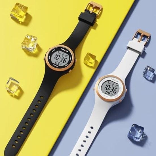 GOLDEN HOUR Waterproof Sports Ladies Digital Chronograph Silicone Strap Watch Rose Gold Starlight Milk White. Modern