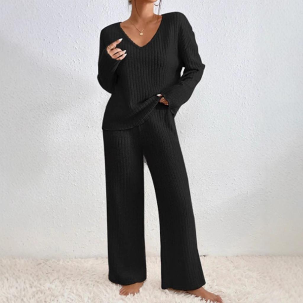 Women's Loose Fit Two-piece Loungewear Set Long Sleeve Knit Top Elastic Waist Wide Leg Pants Solid Ribbed Casual Tracksuit