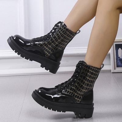 Mode 2024 Winter Neue glänzende Stiefeletten Chelsea-Stiefel mit dicken Sohlen, Schnürung, Gothic-Damenschuhe, warm, mittelhoher Absatz, Sport-Motorrad