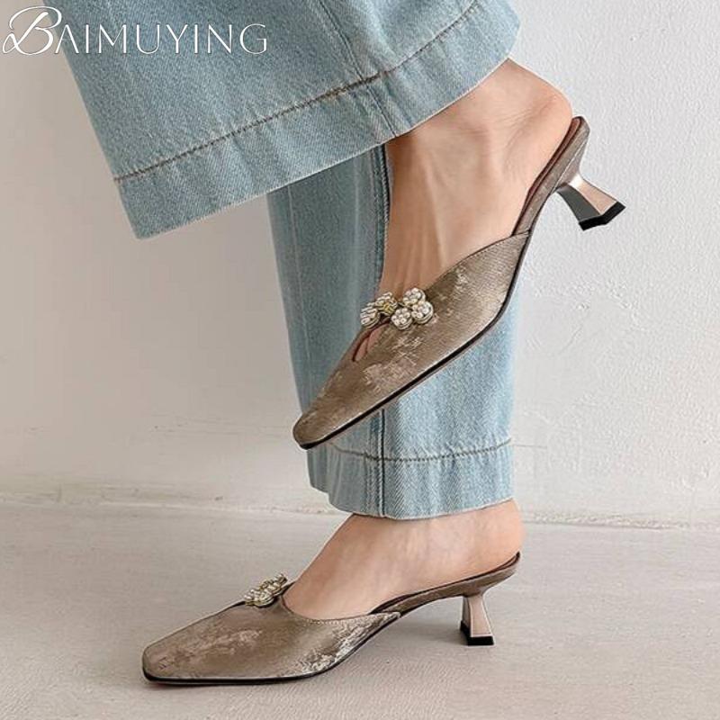 Fashion Square Toe Slippers Women Heeled Sandals Crystal Mules Mid Heels Shoes Summer 2025 New Elegant Dress Party Trend Pumps Mujer