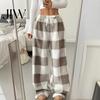 Soft Fluffy Home Pants Women Plaid Wide Leg Pants, Drawstring High Waist Thick Coral Fleece Retro Warm Loungewear, Anti-Pilling Casual Pajama Bottoms