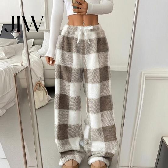 Soft Fluffy Home Pants Women Plaid Wide Leg Pants, Drawstring High Waist Thick Coral Fleece Retro Warm Loungewear, Anti-Pilling Casual Pajama Bottoms