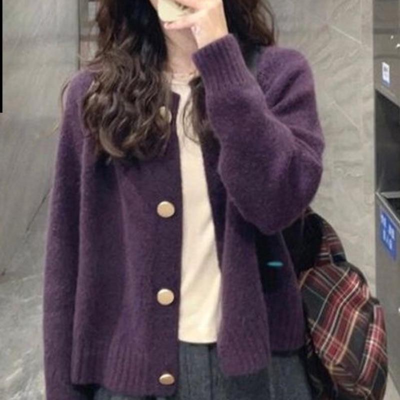 Purple Raccoon Down Cardigan Sweater Coat for Women Autumn Winter Loose Lazy Style Outerwear Knitted Top