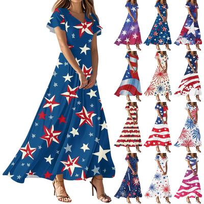 Women's Independence Day Printed Casual Fashion Dresses V-Neck Short Sleeve Dresses