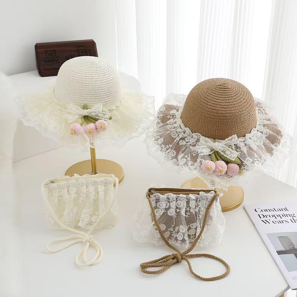 Woven Tulip Lace Straw Sun Hat for Baby Girls - Summer Beach & Outdoor Sun Protection