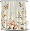 Pink Beige Floral Shower Curtain Watercolor Wildflower Rustic Flower Butterfly Blossom Plant Botanical Aesthetic Bath Curtain