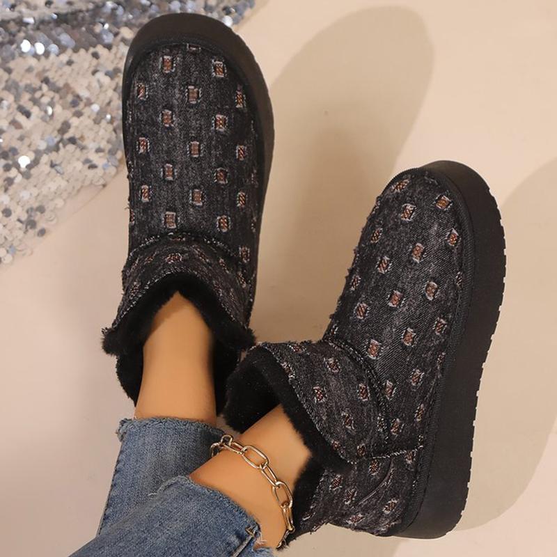 

Модные слипоны с круглым носком, зимние сапоги для женщин, зимние сапоги на платформе с мягкой подошвой, женские 2025, зимние ботильоны из густого короткого плюша 41 чёрный