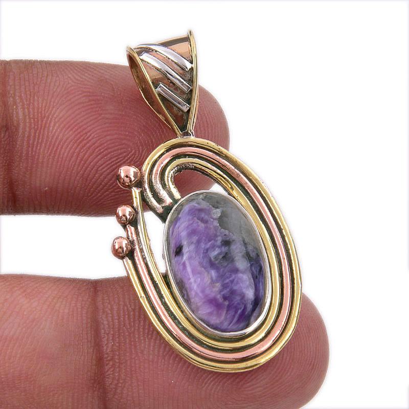 

Natural Charoite Gemstone 925 Solid Sterling Silver Two Tone Pendant 1.50 H1V30