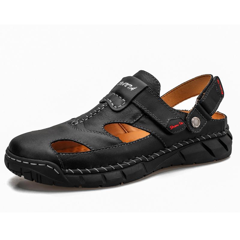 Hot Men Roman Sandals Genuine Leather Classics Black Sandals Non-Slip Rubber Sole Flat Beach Slides Slipper Man Plus Size38-48