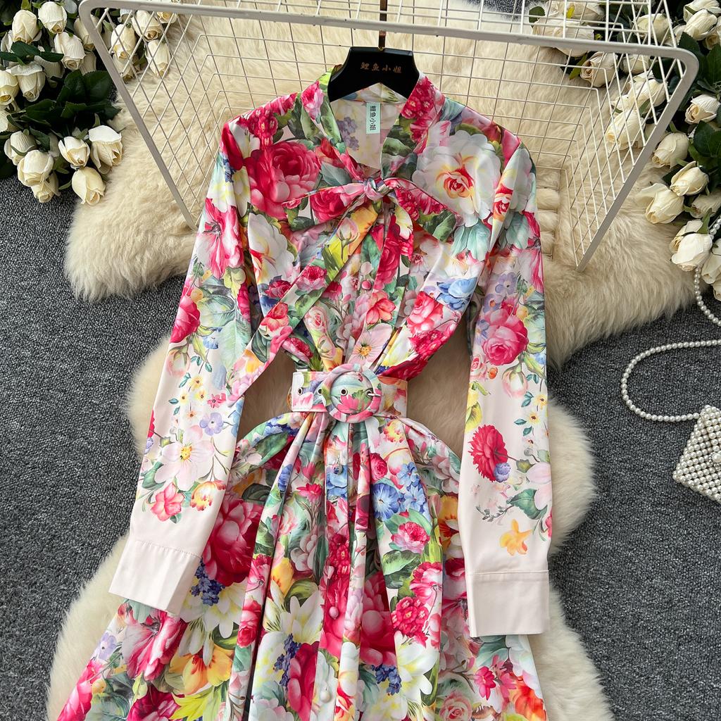 Spring Autumn Women Vintage Print Lace-up Collar Single Breasted Long Maxi Holiday Party Dresses with Belt