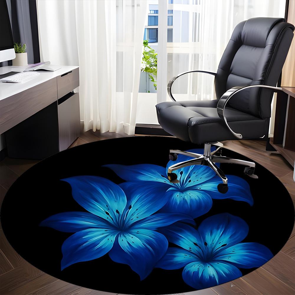 1pc Blue Lily Flowers Chair Carpet for Office, Round Non-Slip Durable Large Size Office Carpet, Suitable for Office, Beautiful Decoration