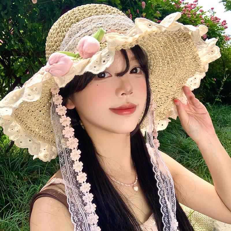 

Tulip Flower Straw Hat With Wide Brim For Sun Protection And Beach Vacation