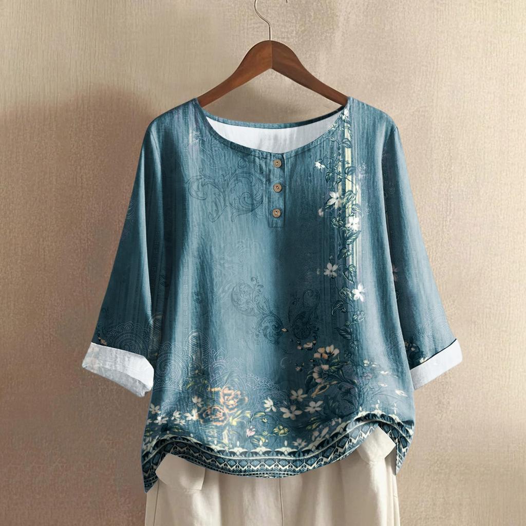 Women's Casual Three-quarter Sleeve Round Neck Gradient Color Printed Cotton And Linen Top